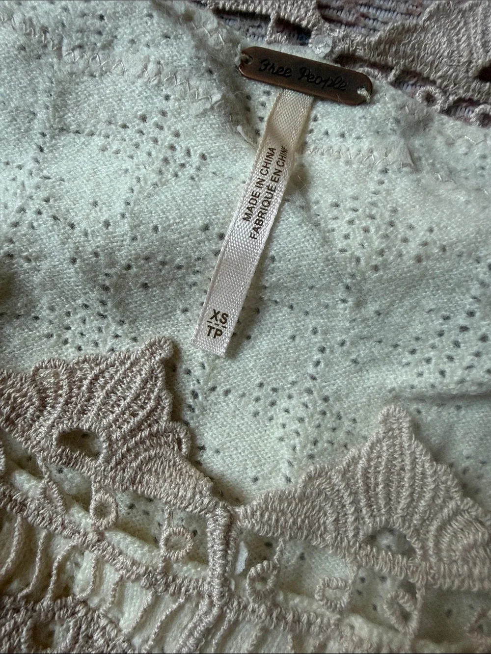 Free People Cream Crochet Yoke Smocked Waist Top